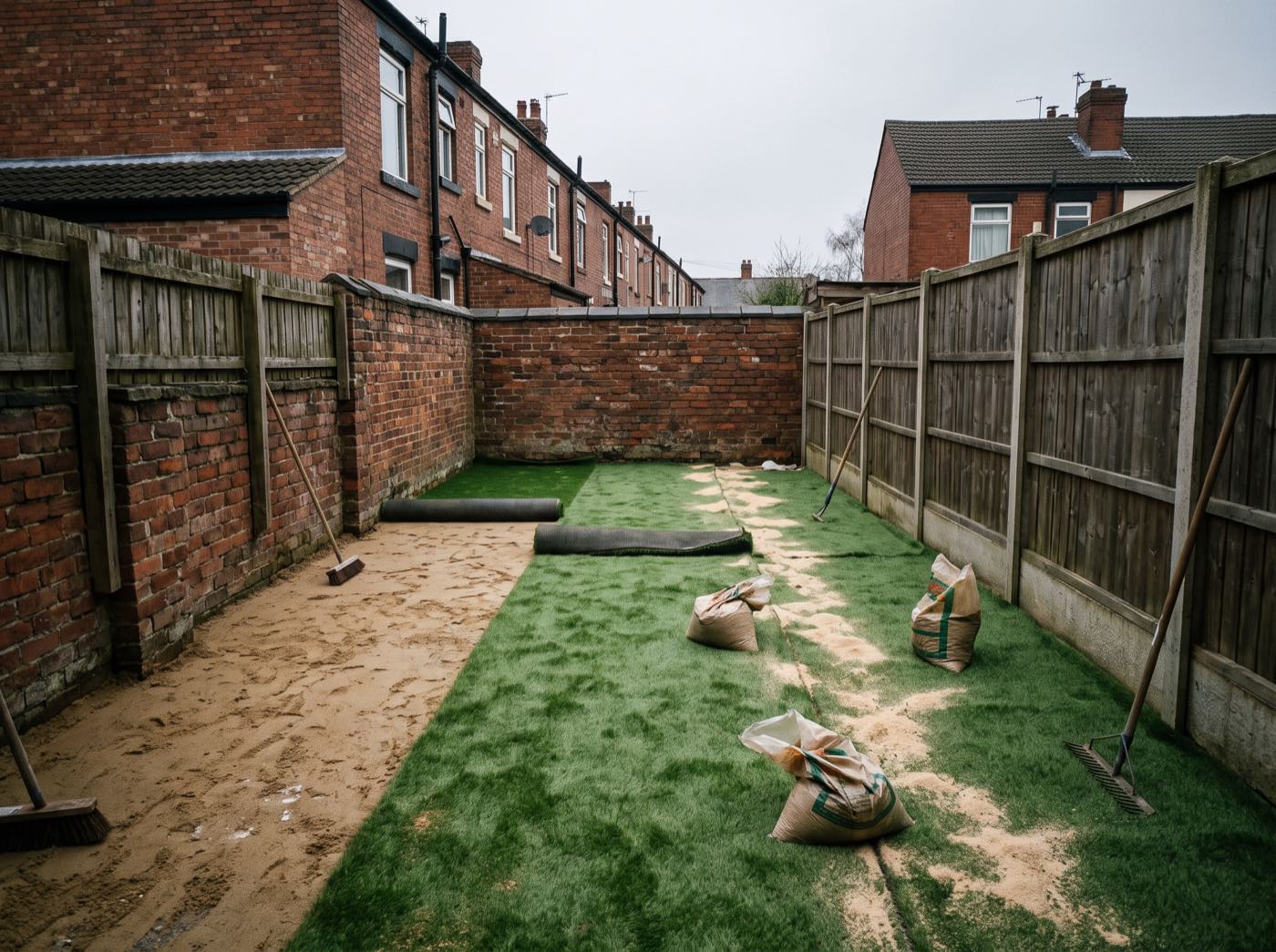 Artificial grass being fitted in a Manchester back garden (illustrative)
