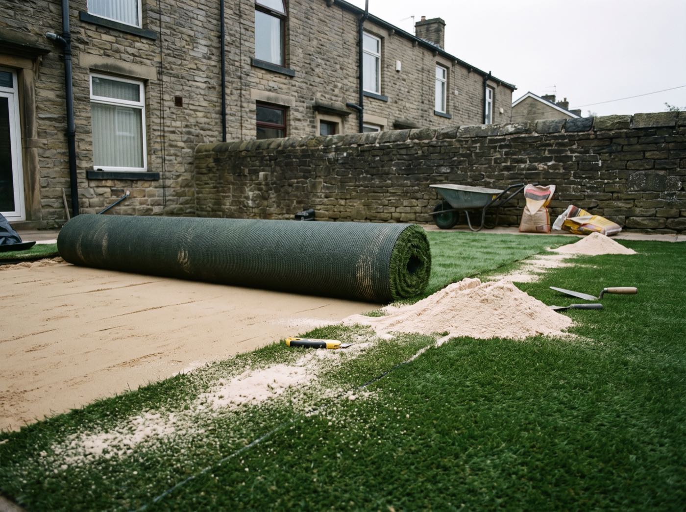 Artificial grass being fitted in an Oldham back garden (illustrative)