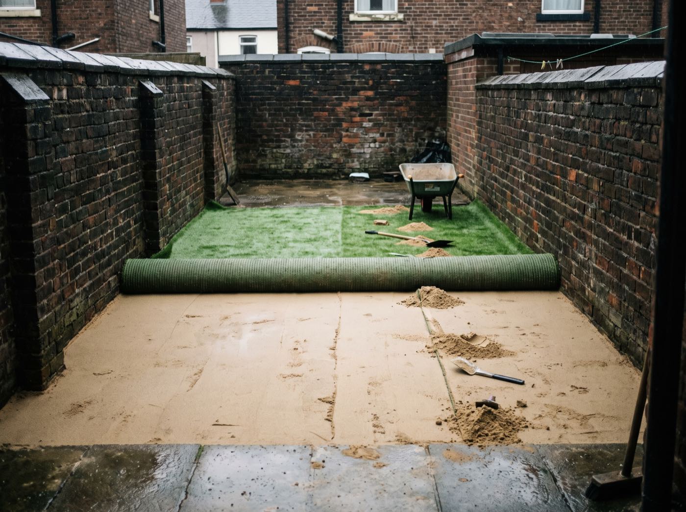 Artificial grass being fitted in a Salford back garden (illustrative)