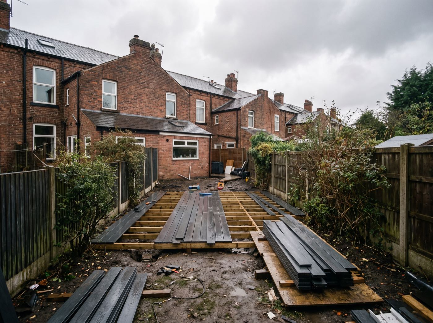 Decking boards being laid in a Manchester back garden (illustrative)