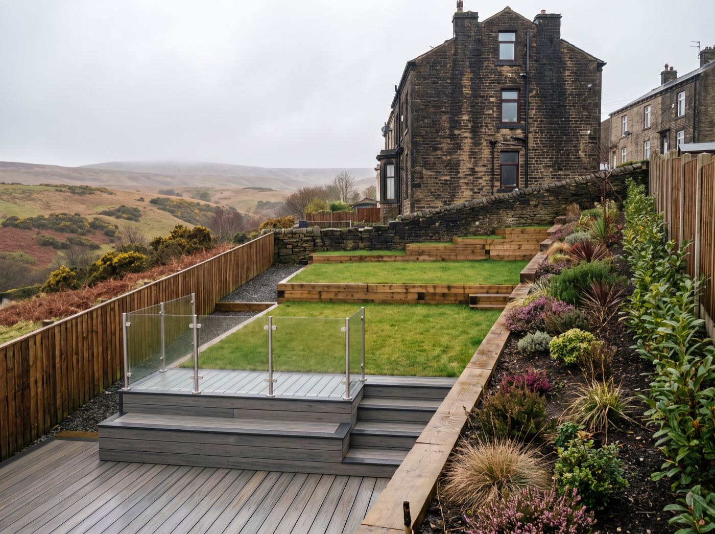 Finished back garden in Oldham after landscaping, with a new patio, lawn and fence (illustrative)