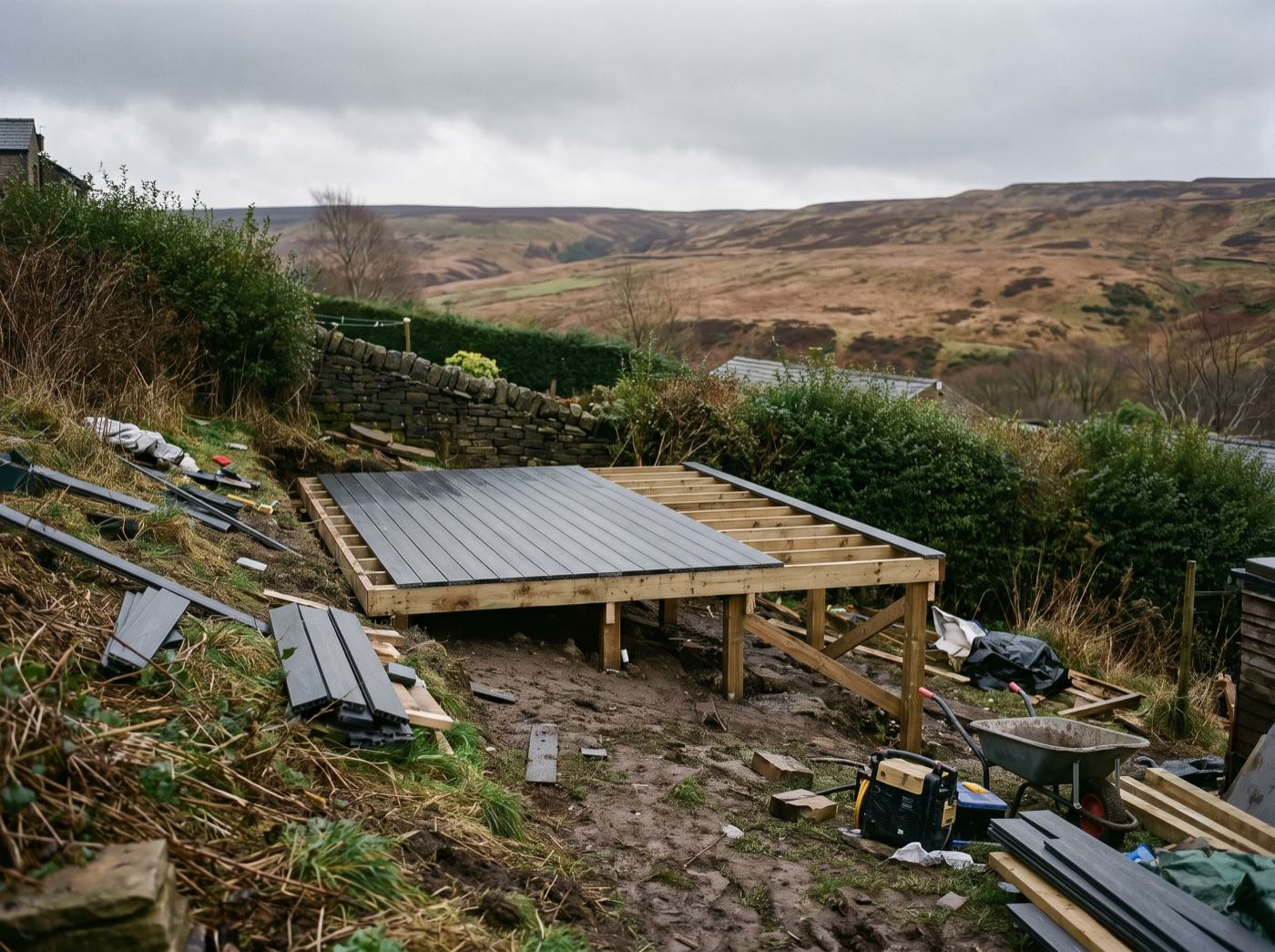 Decking boards being laid in an Oldham back garden (illustrative)