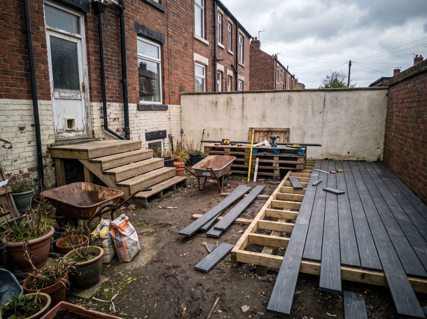 Decking boards being laid in a Salford back garden (illustrative)