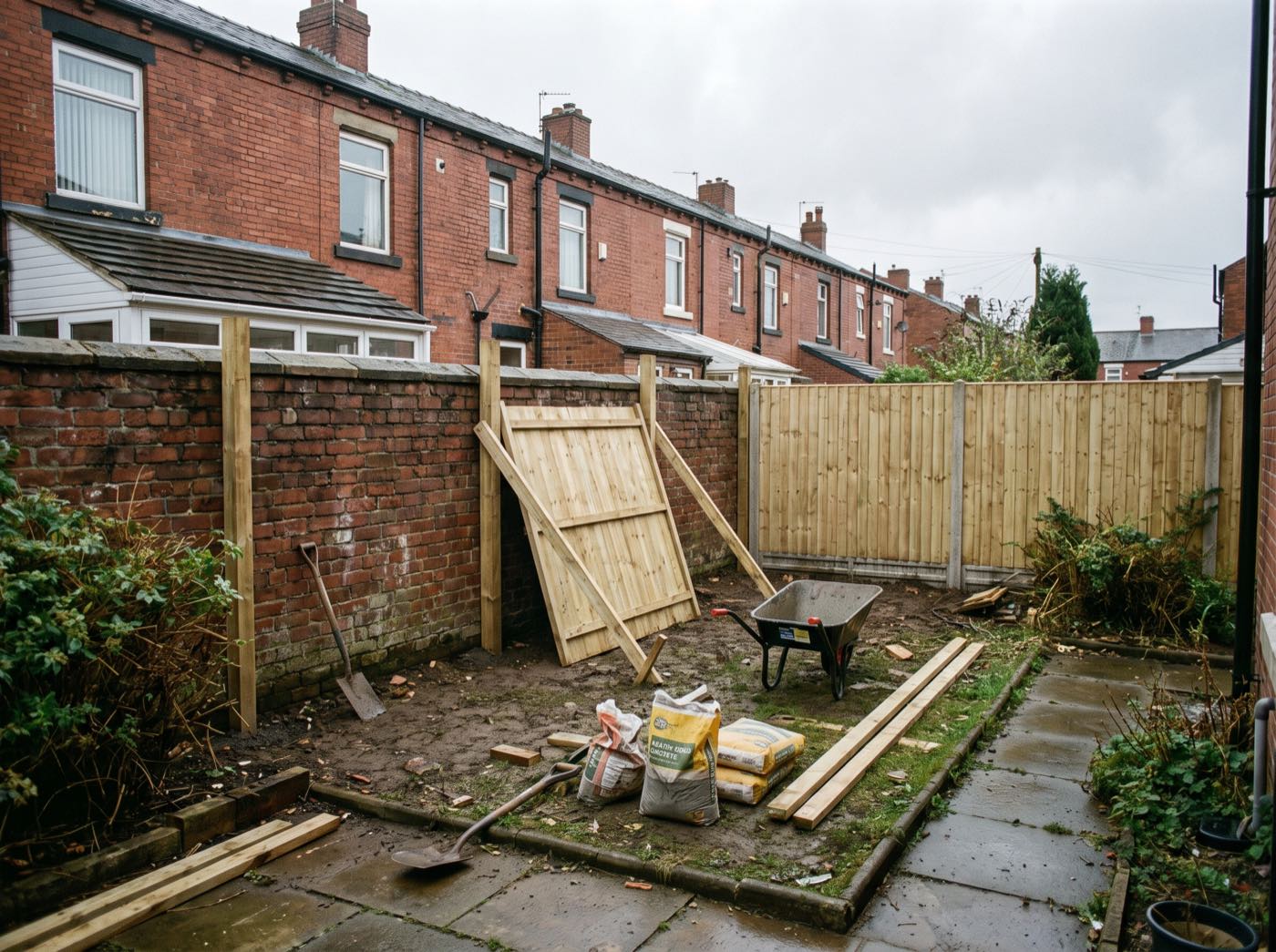 New fence panels being installed in a Salford back garden (illustrative)