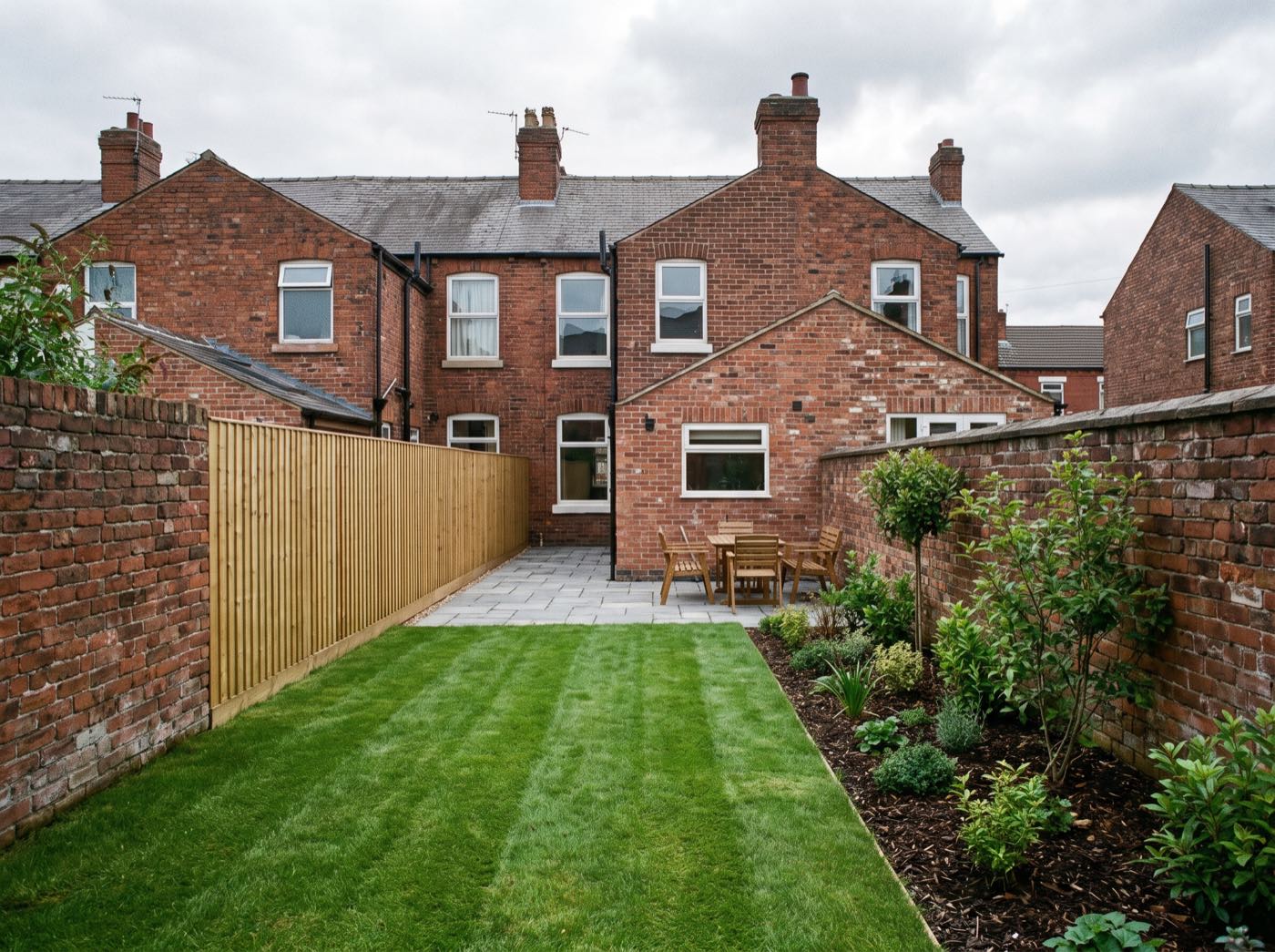 Finished back garden in Manchester after landscaping, with a new patio, lawn and fence (illustrative)