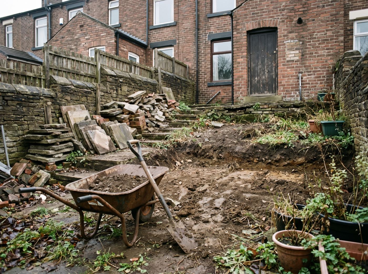 A back garden mid-renovation in Oldham (illustrative)