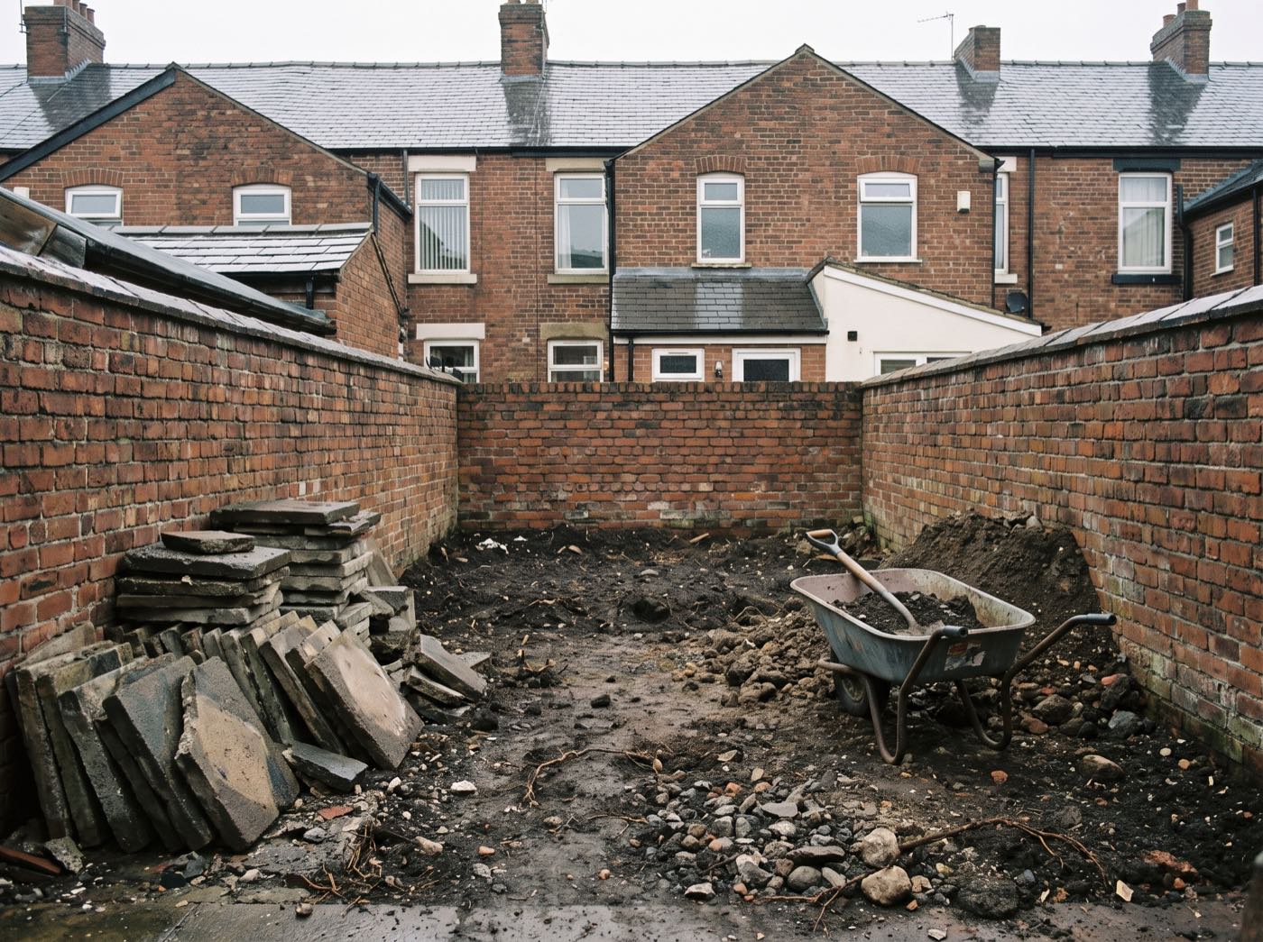 A back garden mid-renovation in Salford (illustrative)