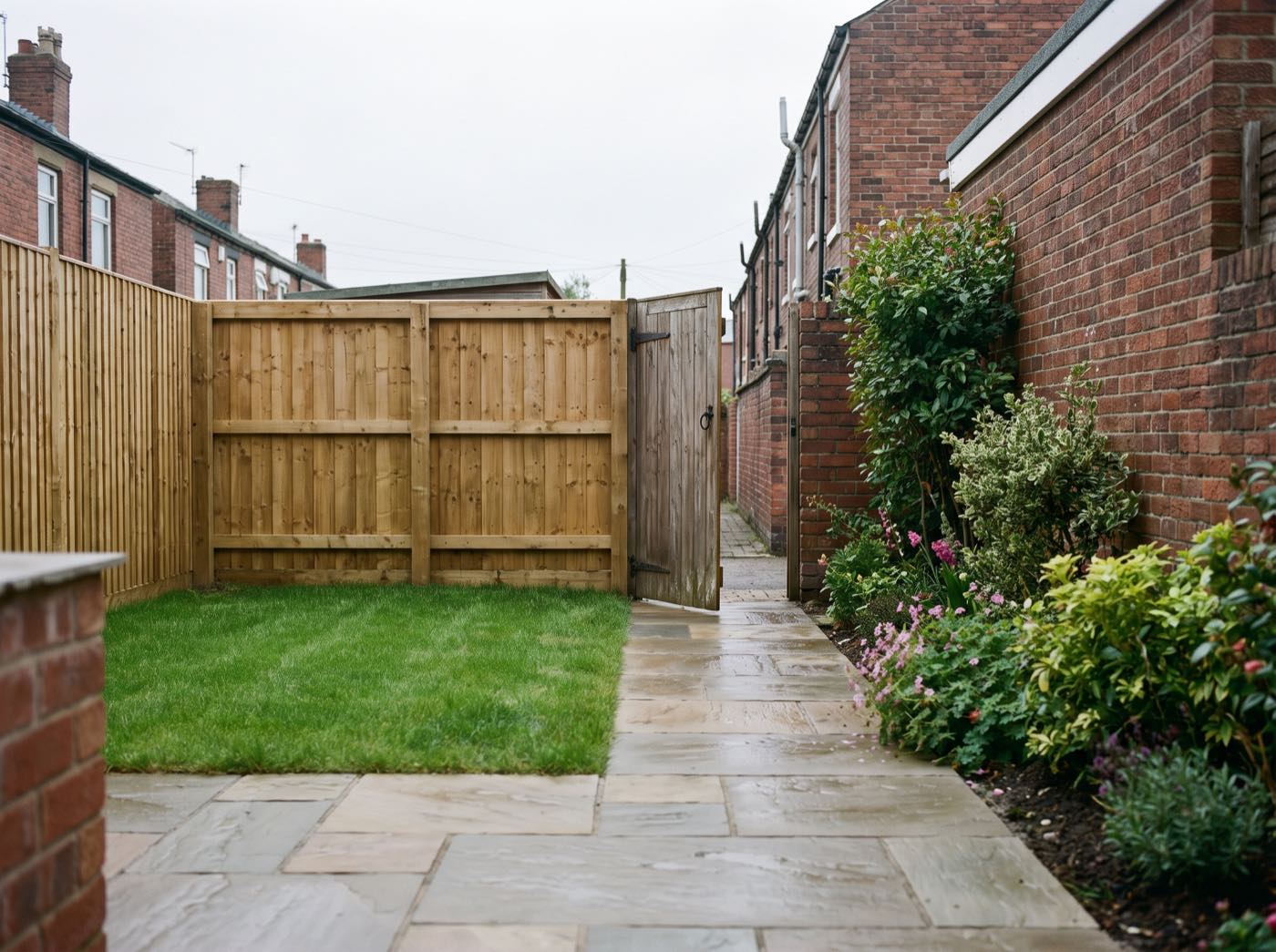 Finished back garden in Wigan after landscaping, with a new patio, lawn and fence (illustrative)