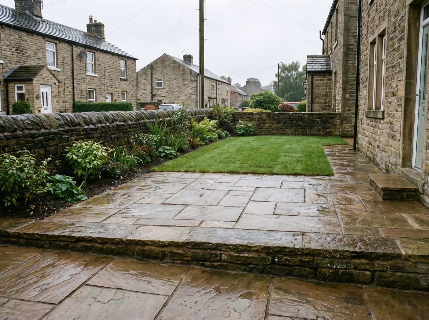 Finished back garden in Blackrod after landscaping, with a new patio, lawn and fence (illustrative)