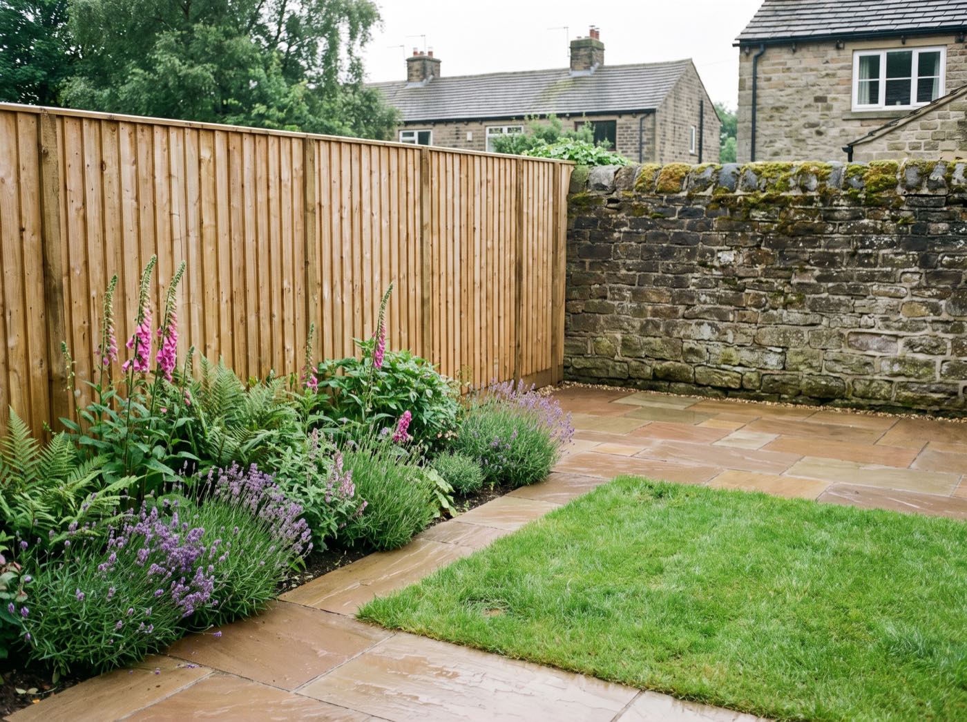 Finished back garden in Egerton after landscaping, with a new patio, lawn and fence (illustrative)