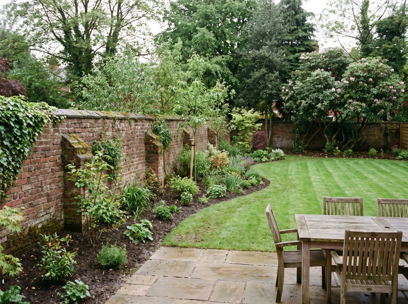 Finished back garden in Heaton after landscaping, with a new patio, lawn and fence (illustrative)
