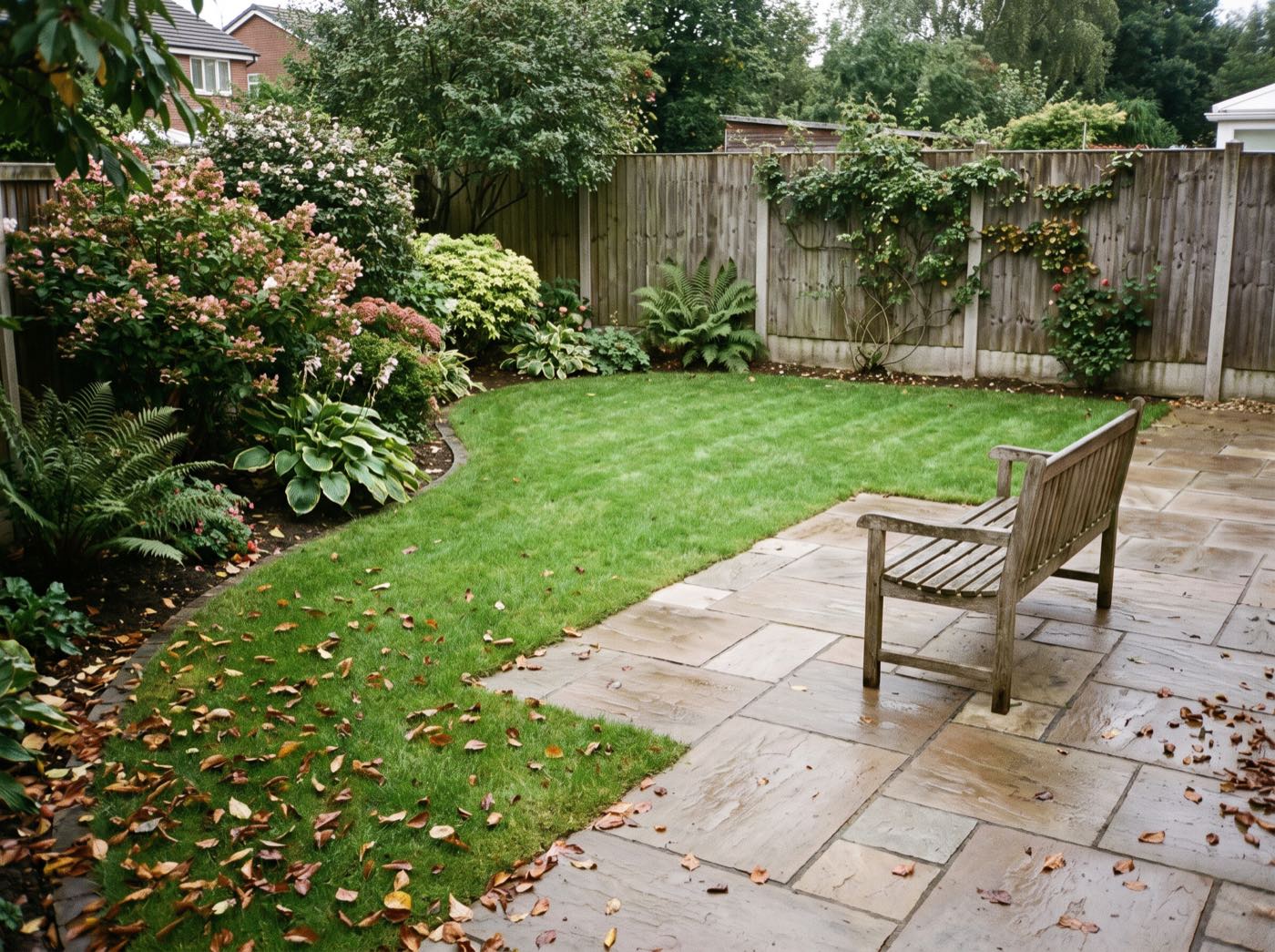 Finished back garden in Lostock after landscaping, with a new patio, lawn and fence (illustrative)