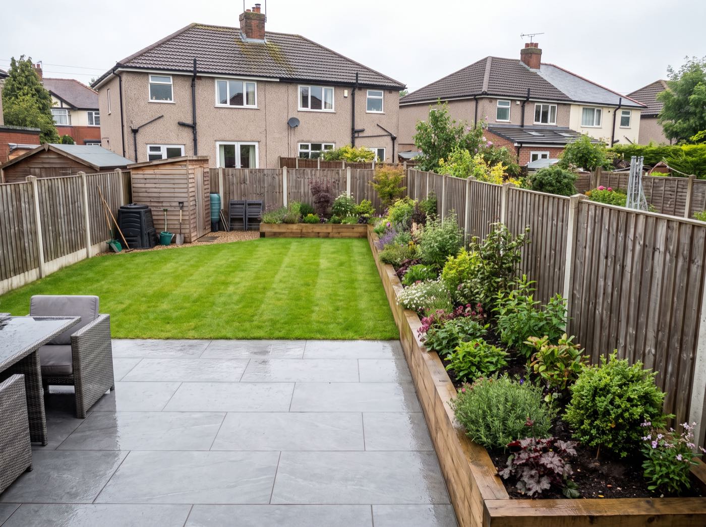 Wide rear garden of a 1930s semi in Manchester, newly zoned with a porcelain terrace, lawn and raised sleeper bed (illustrative)