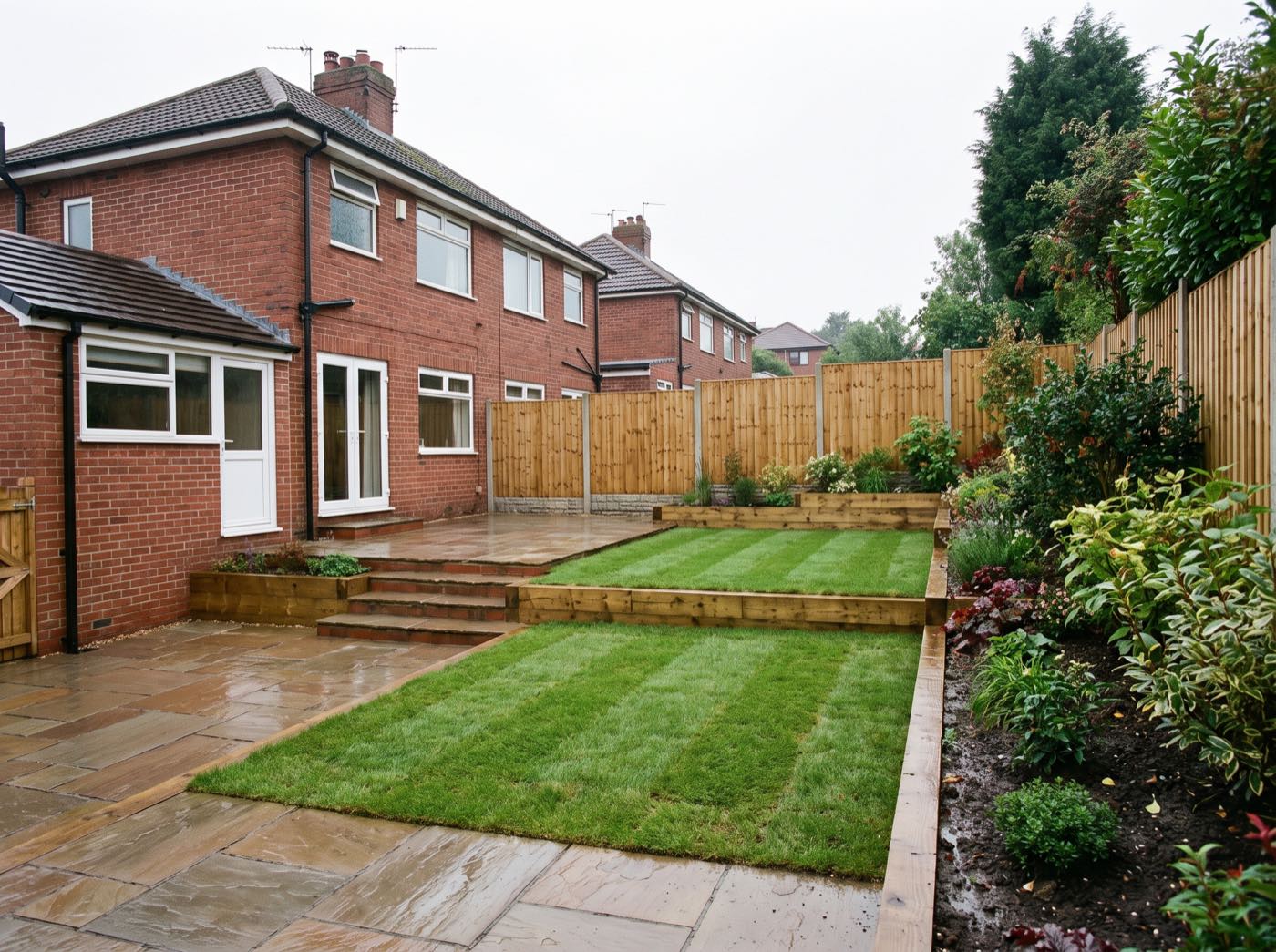 Finished back garden in Oldham after landscaping, with a new patio, lawn and fence (illustrative)