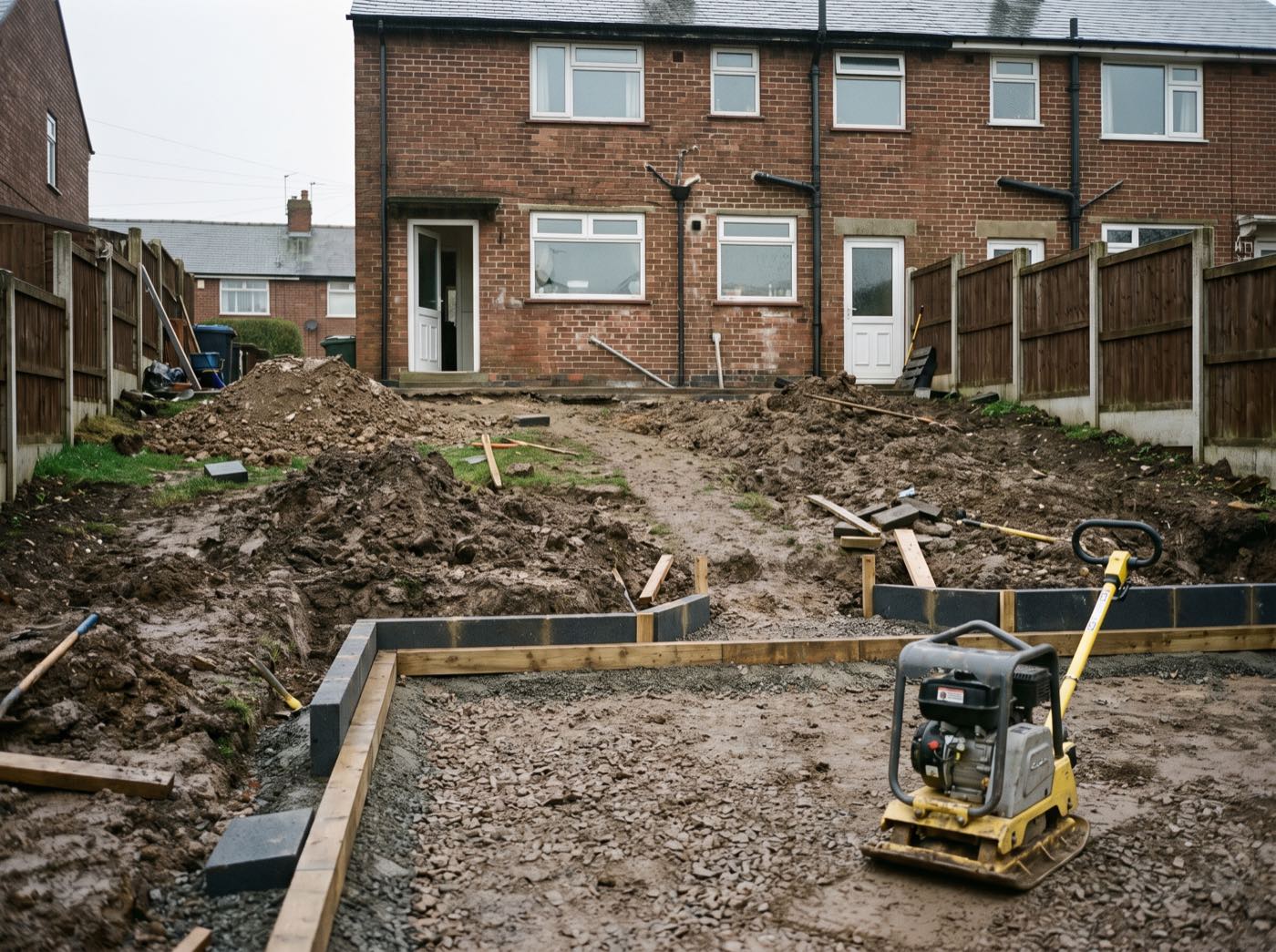 A back garden mid-renovation in Oldham (illustrative)