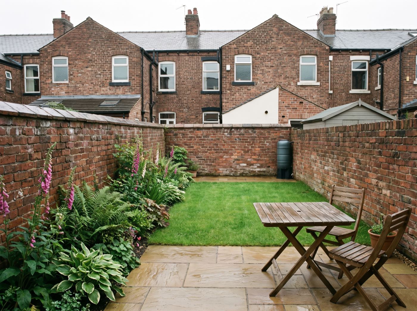 Finished back garden in Salford after landscaping, with a new patio, lawn and fence (illustrative)