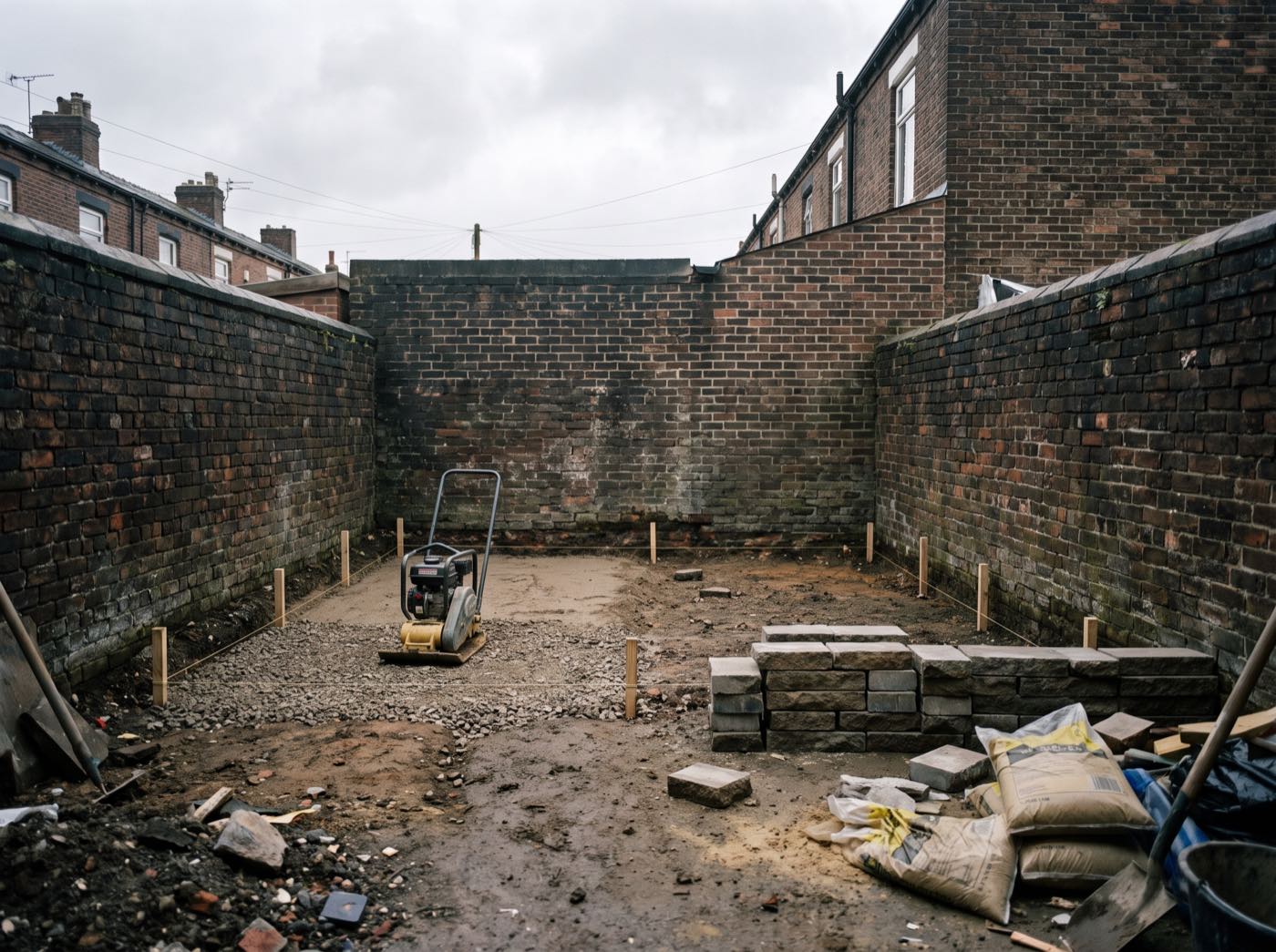 A back garden mid-renovation in Salford (illustrative)