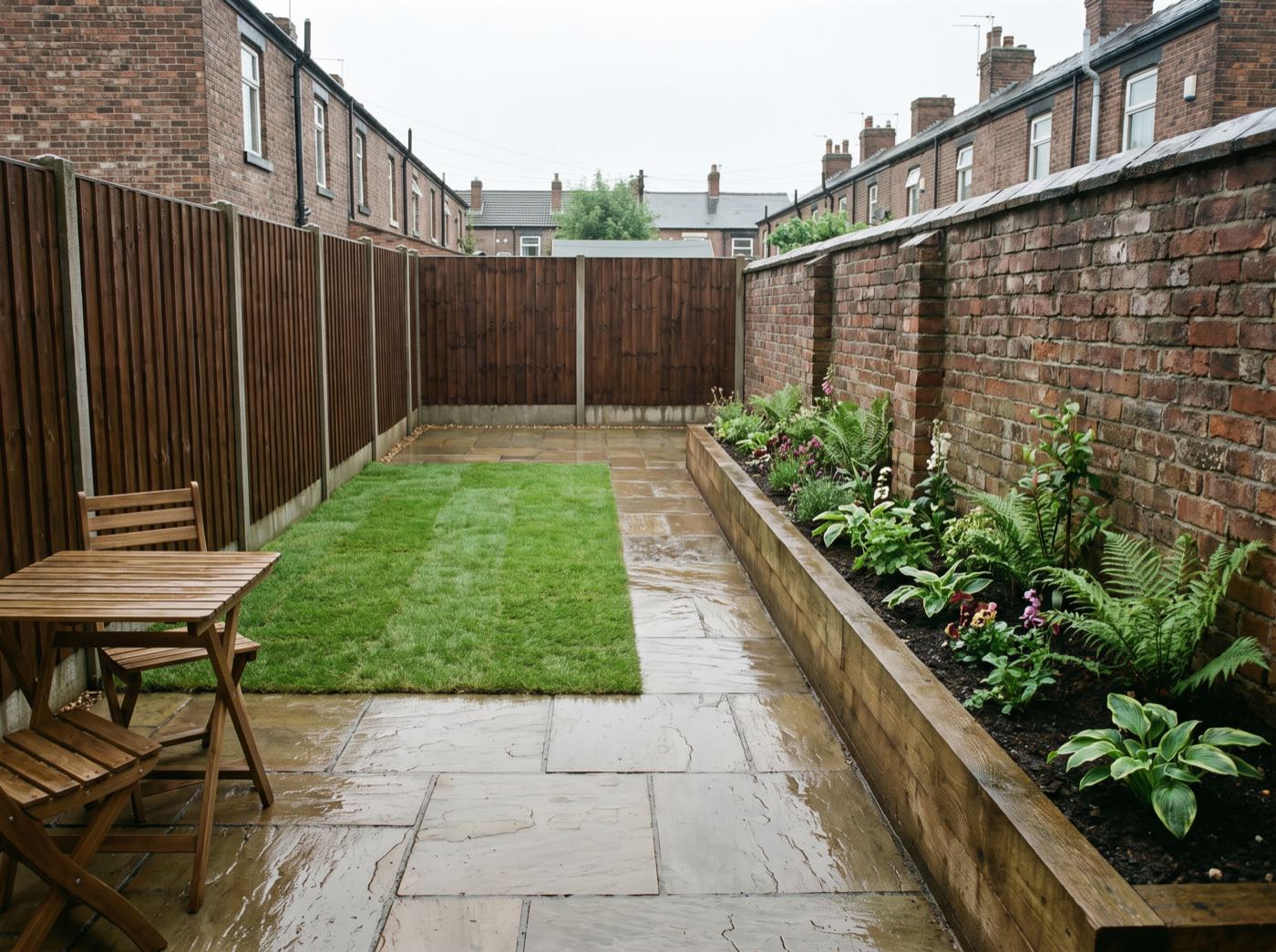 Finished back garden in Wigan after landscaping, with a new patio, lawn and fence (illustrative)