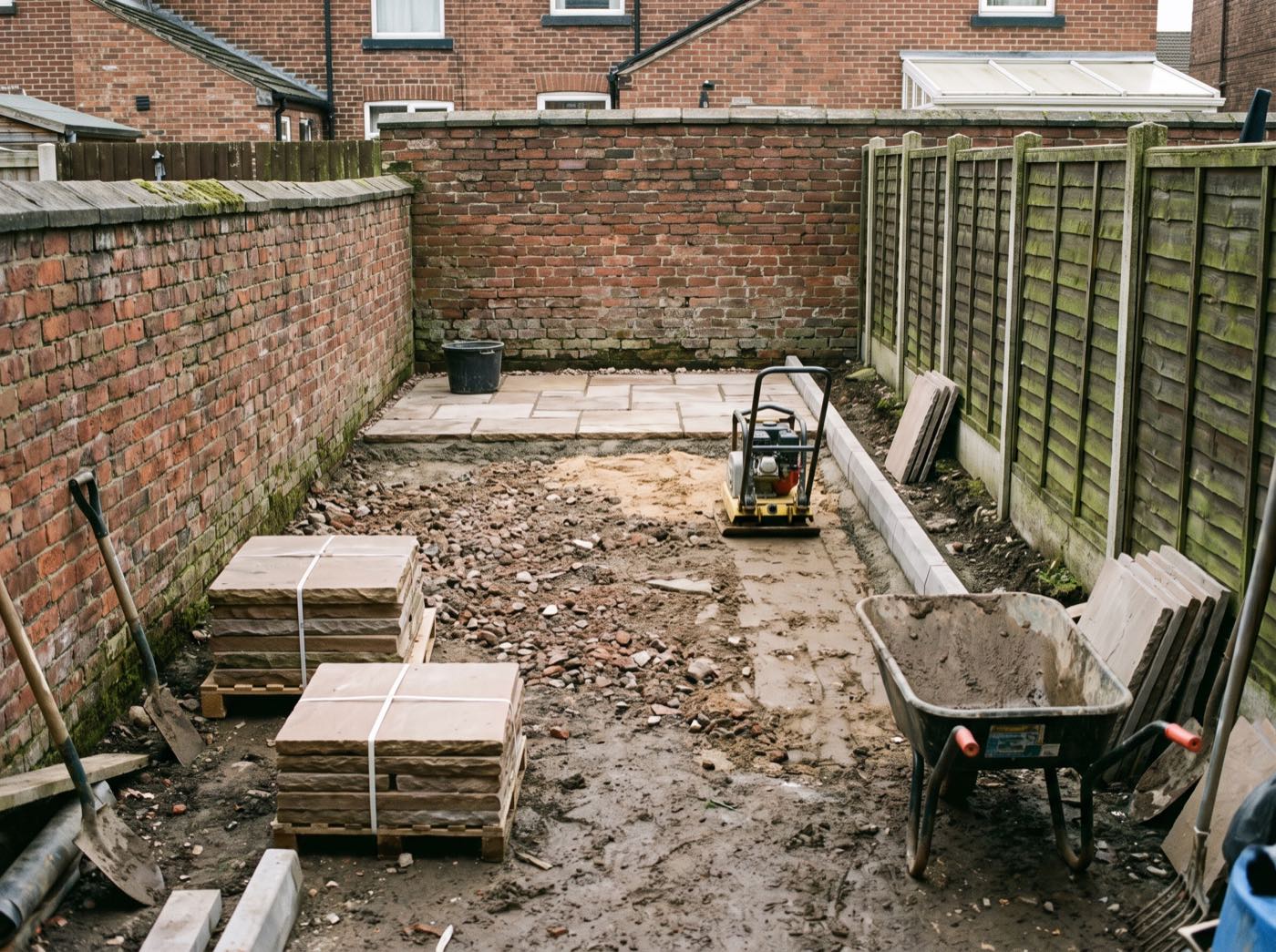 A back garden mid-renovation in Wigan (illustrative)