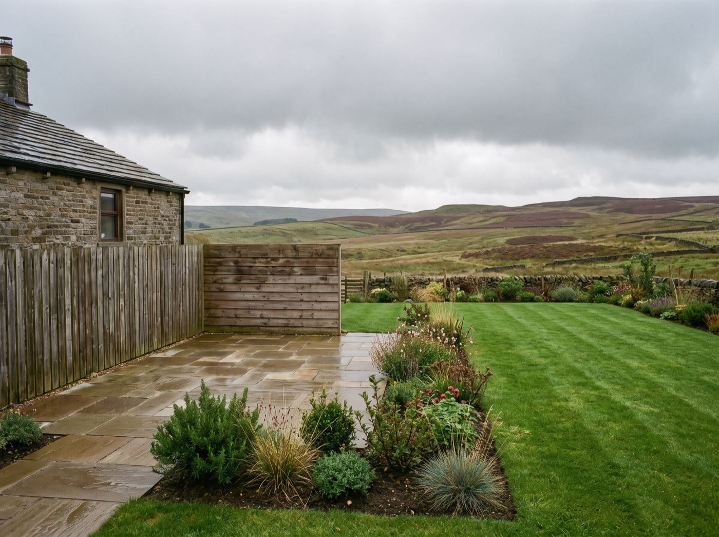 Finished back garden in Smithills after landscaping, with a new patio, lawn and fence (illustrative)