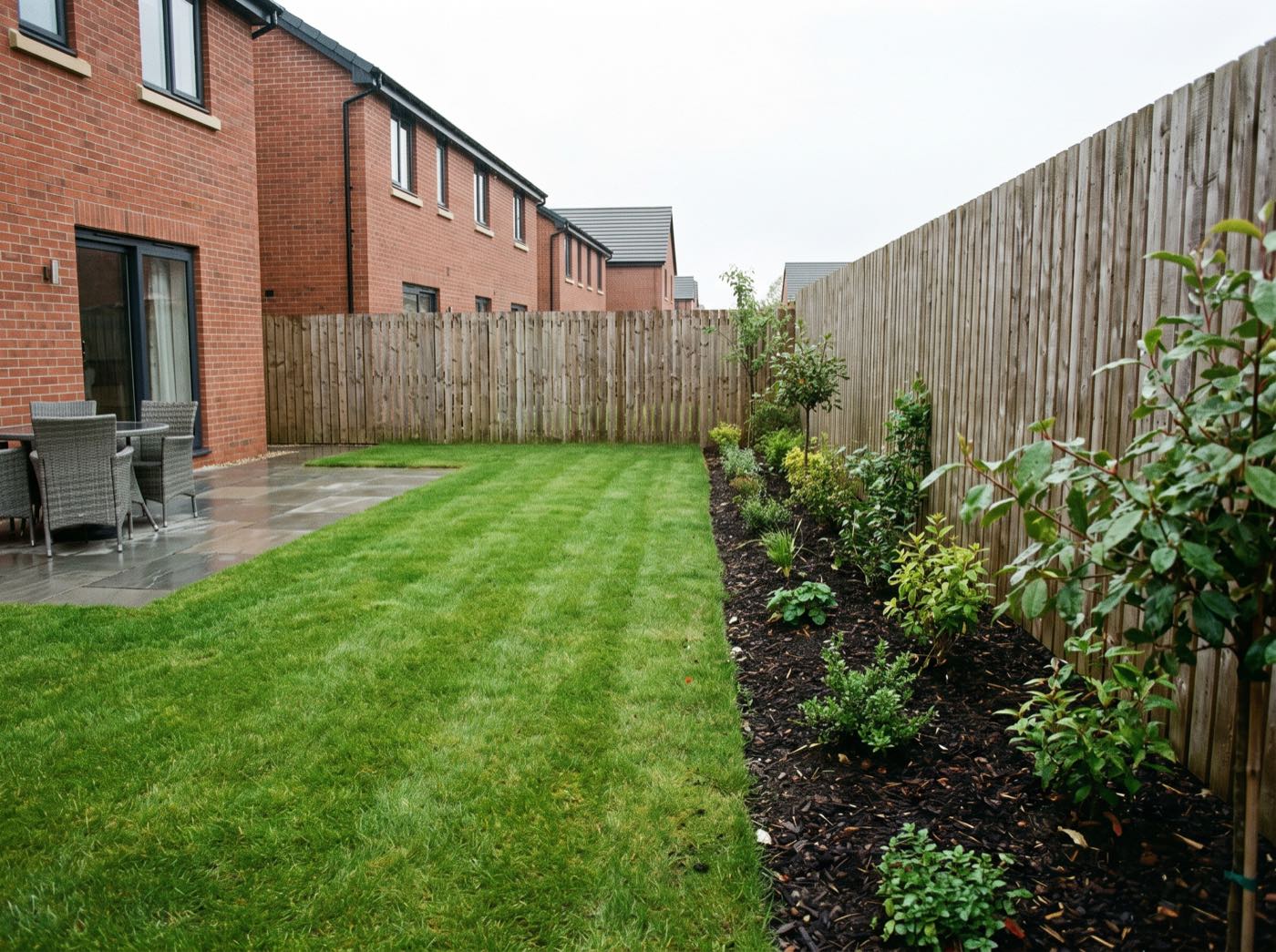 Finished back garden in Standish after landscaping, with a new patio, lawn and fence (illustrative)