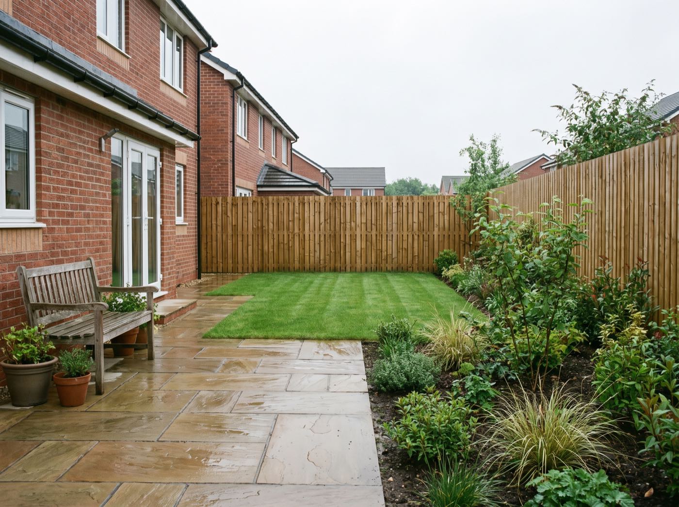 Finished back garden in Manchester after landscaping, with a new patio, lawn and fence (illustrative)